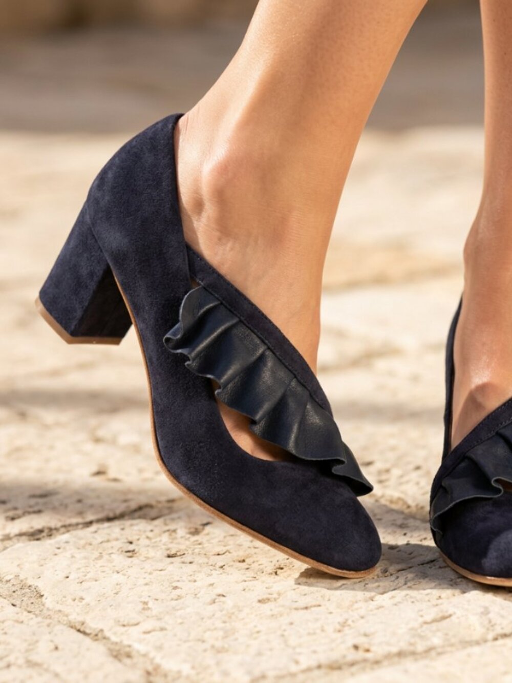 Anthropologie Kmb Navy Blue Suede Ruffle Heels Coquette Romantic Heels